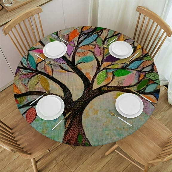 Autua Tree Bird Colorful Leaves Round Tablecloth Stain-Resistant 100% Polyester 31"-35