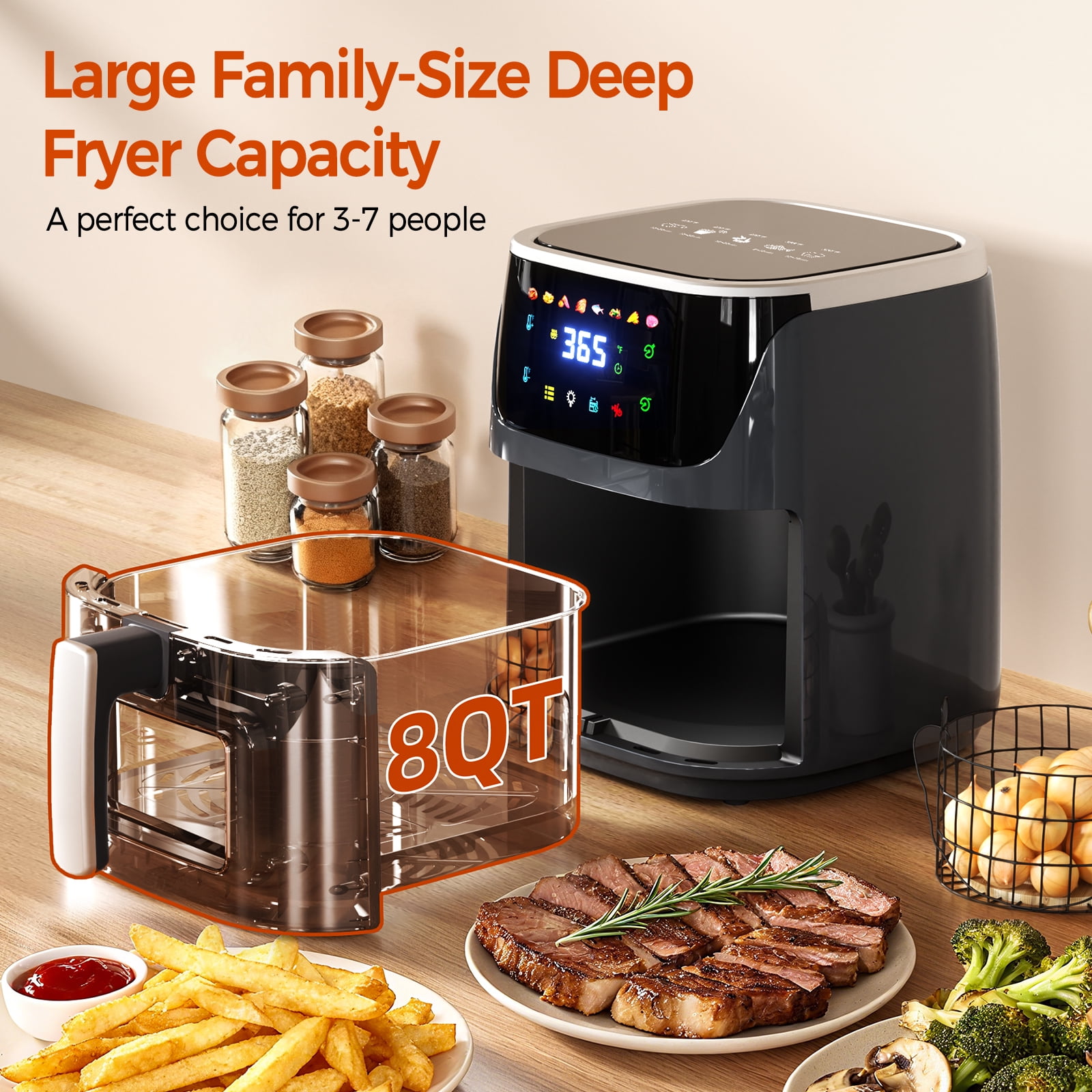 8QT Air Fryer with 8 Food Preset, LED Digital Touch Screen, Roast, Reheat, Dehydrate, Bake, Steam, 360° Hot Air, 85% Less Oil Healthy Cooker for Family Size