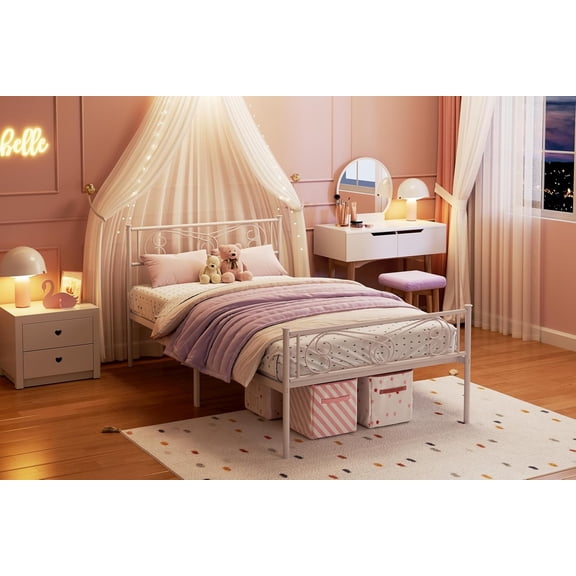 Twin Size Metal Bed Frame, Girls Bed, Twin Bed Frames with Headboard and Footboard, Steel Slats Support, No Box Spring Needed, White