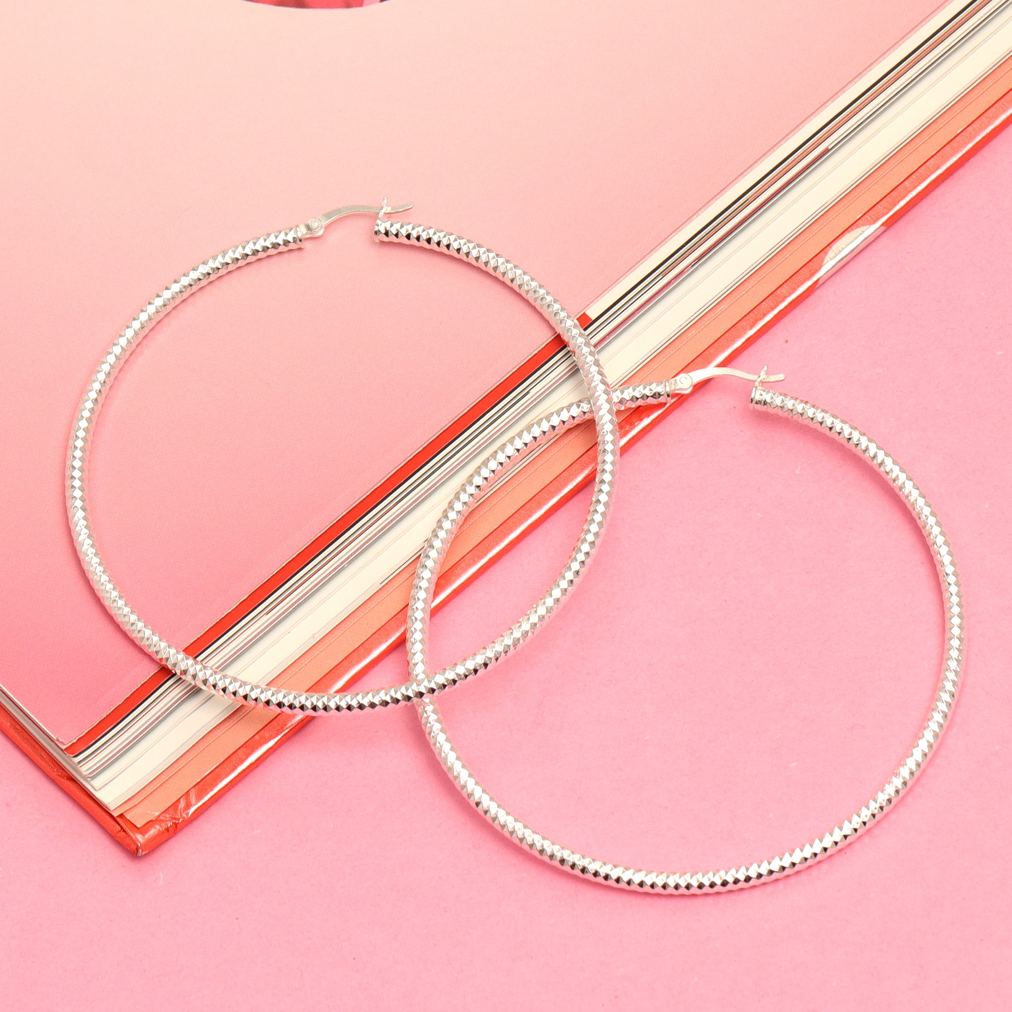 LeCalla 925 Sterling Silver Extra Large Diamond-Cut Classic Italian Design Big Hoop Earrings Jewelry Gifts for Women and Teen 70MM