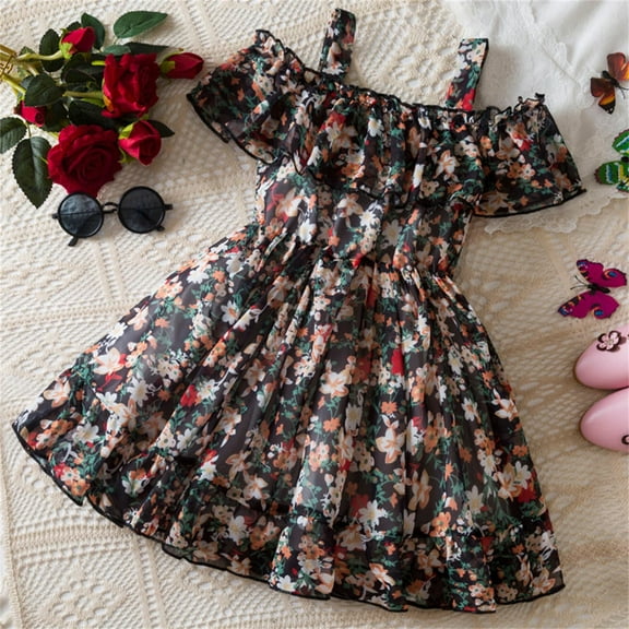Spazoro Toddler Girls Dresses, Round Neck Floral Print New Style Short Sleeve Princess Dress for Child Girls Black Size 5 T