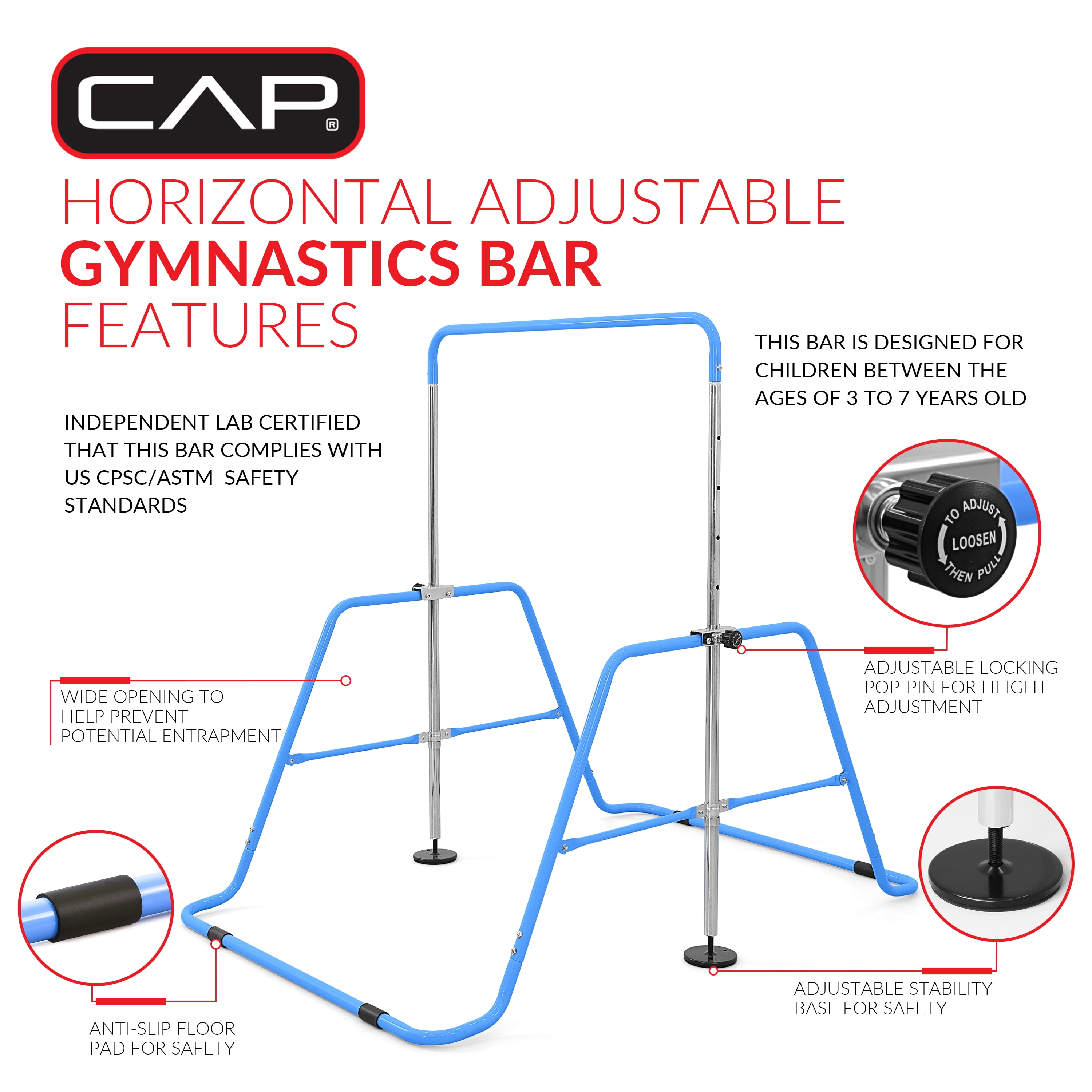 CAP Adjustable Height Horizontal Gymnastics Bar for Kids, Blue