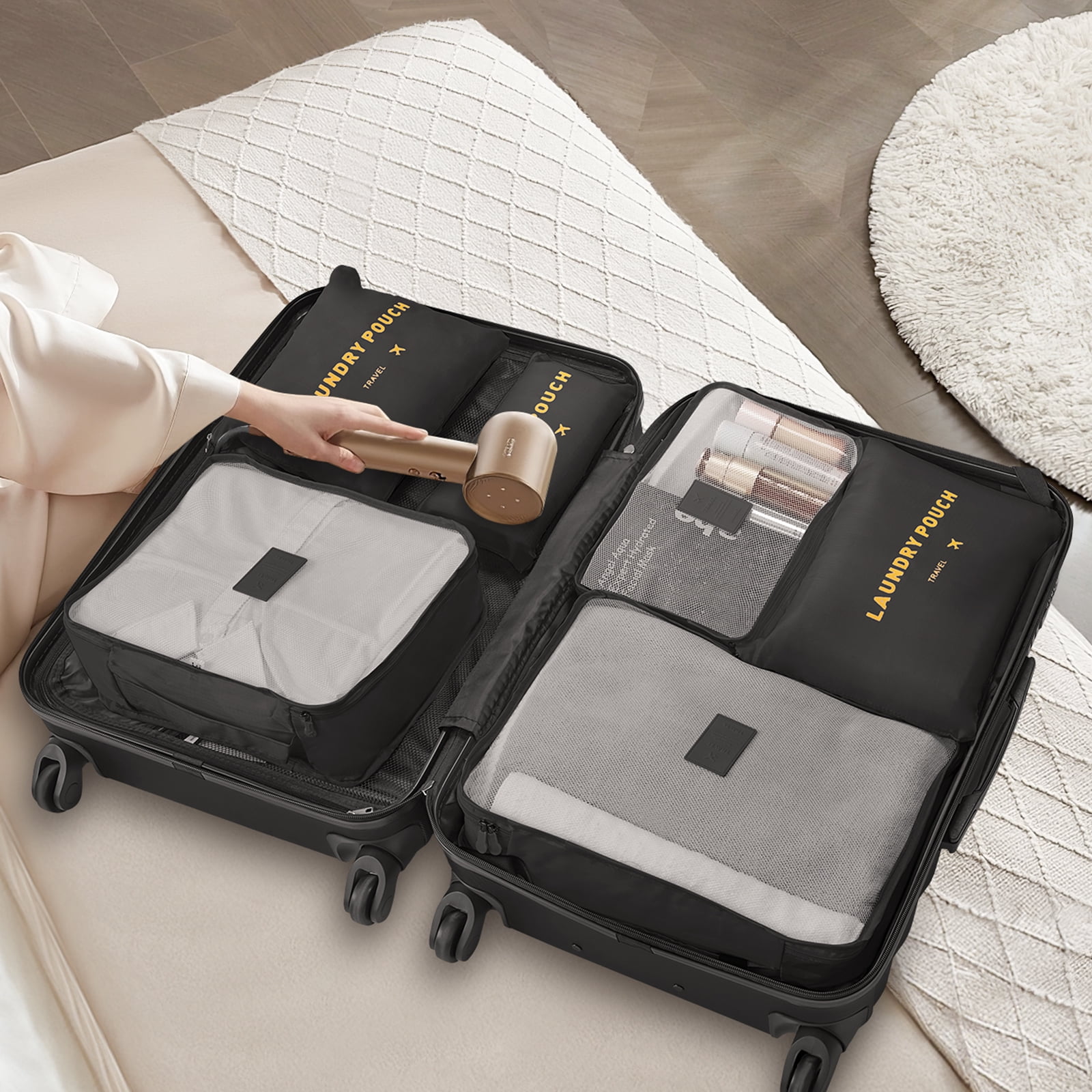 3 Piece Luggage Sets with 6 PC Organize Bags Lightweight Suitcases with Spinner Wheels, Black
