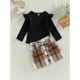 thumbnail image 3 of Kids Girls Dress Suit Long Sleeve Round Neck Ruffle Ribbed Sweater Tops + Plaid Print Button Skirt Outfits Set, 3 of 9