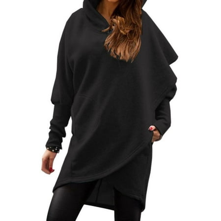Women Long Sleeve Asymmetric Hem Slim Hooded Sweatshirts Tunic Tops