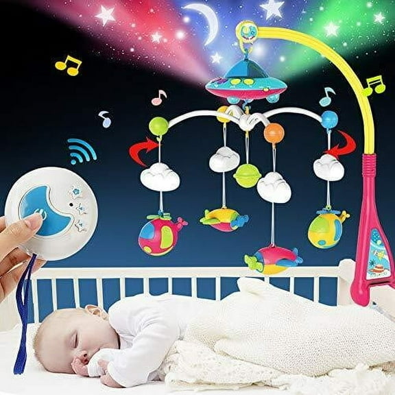 Mini Tudou Musical Baby Crib Mobile Toy with Lights and Music, Star Projector Function and Cartoon Rattles, Remote Control Musical Box with 108 Melodies, Gift for Newborn Sleep