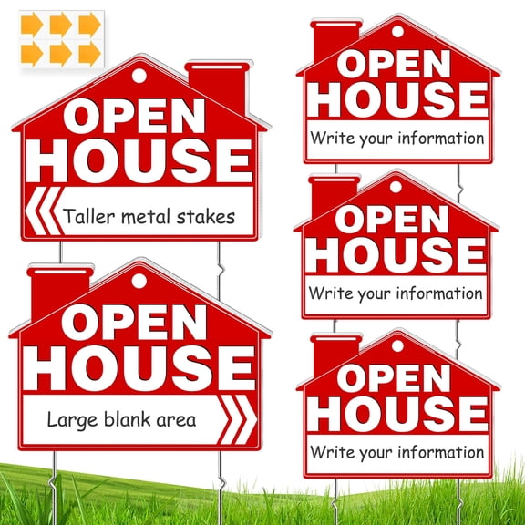 Yalumo 5 Pack Open House Signs for Real Estate, 17" x 13" Double Sided Yard Signs with Metal Stakes & Directional Arrows, Weatherproof Open House Signage for Realtor Property Sale