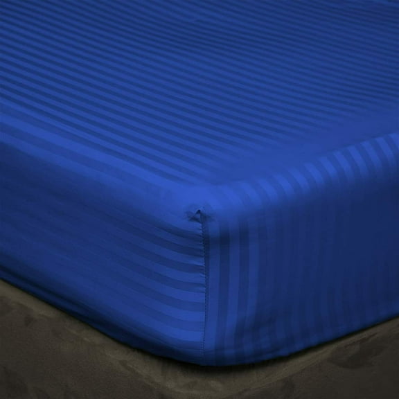 600 Thread Count 3 Piece Set , 100% Egyptian Cotton 12" Deep Pocket Fitted Bed Sheets , Fade Resistant Soft & Sateen Weave and Luxury, Full XL Size -Royal Blue Stripe