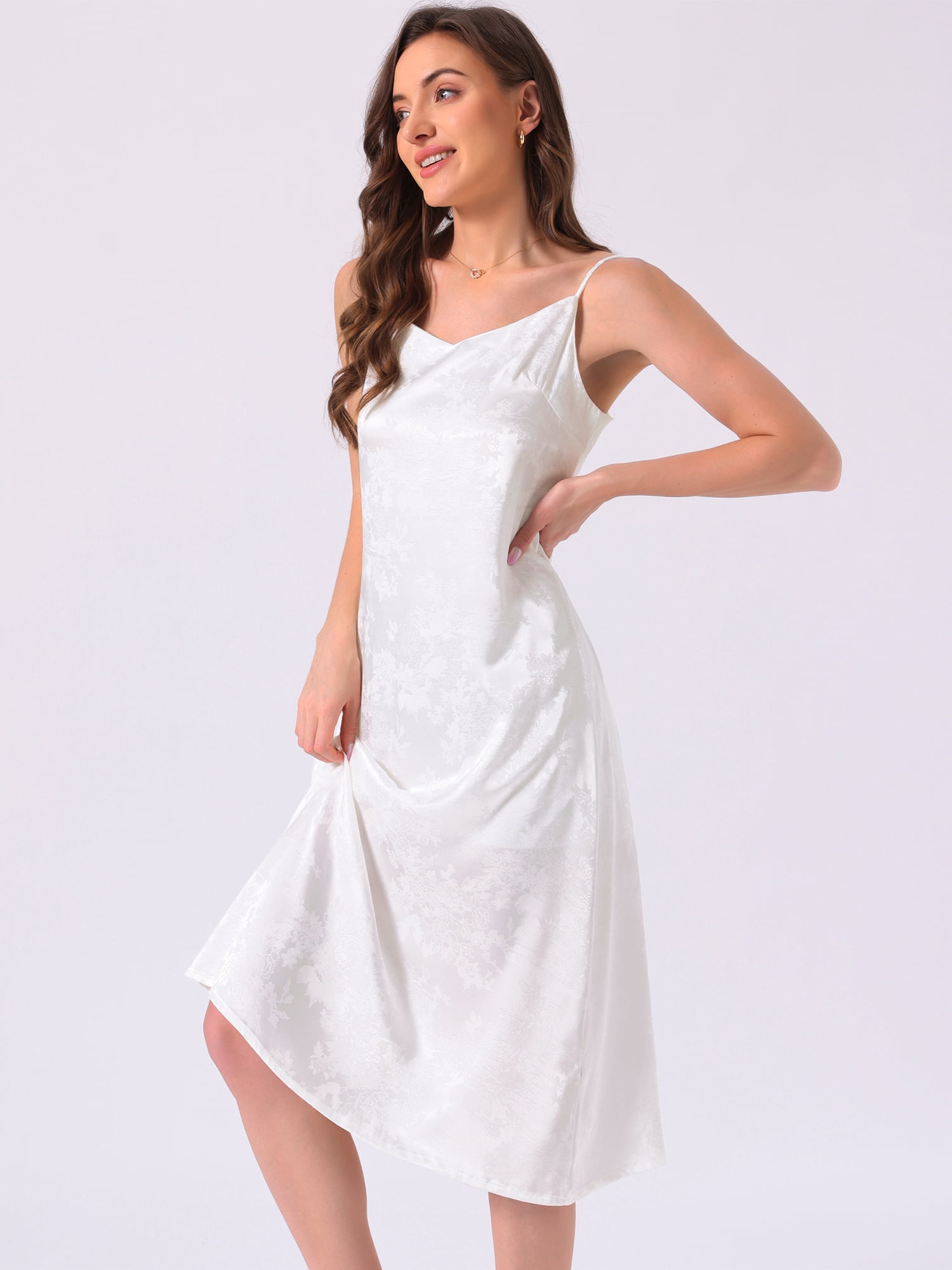 DARING DIVA Women's Satin Floral V Neck Spaghetti Strap Slip Nightgowns M White