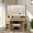 46' Natural, variant on Fluted Makeup Vanity Desk with HD Triple Mirror and Lights, Large Corner Vanity Glass Top Vanity with 3 Drawers & 2 Glass Cabinets, Charging Station & Hair Dryer Holder, Vanity Set with Stool