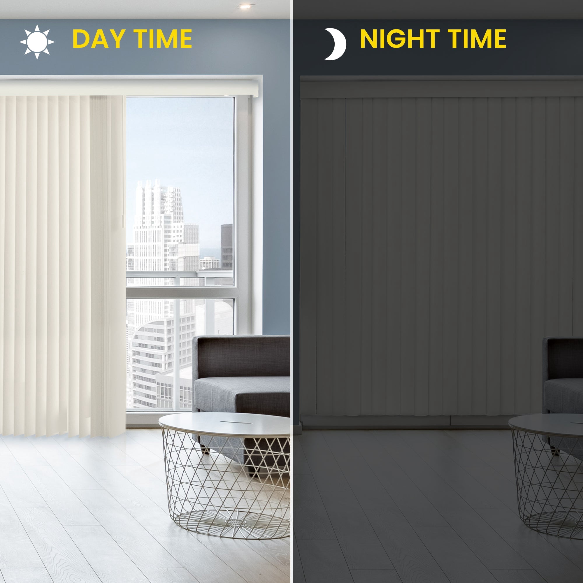 YELLOW BLINDS Cream Cordless PVC Vertical Blinds for Large Windows & Sliding Glass Doors, 78” W x 84” H, Light Filtering or Room Darkening, Easy Install, Modern Valance, Moisture-Resistant Shades
