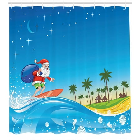 Christmas Shower Curtain Surfing Santa On A Wave With Sack At The