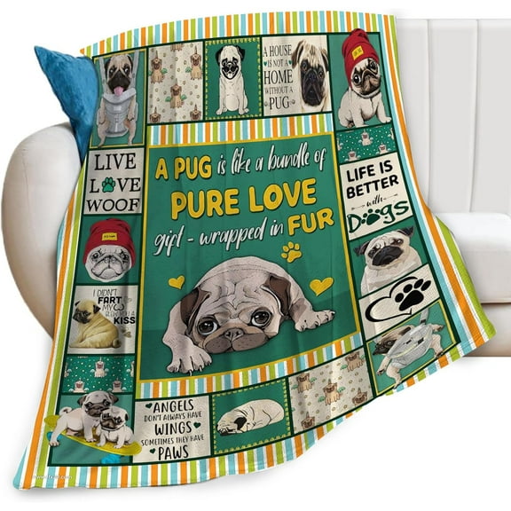 Pug Blanket Cute Dog Funny Puppy Animal Colorful Print Throw Blankets for Couch Sofa Stuff Decor Soft Cozy Fleece Plush Flannel Bedding for Baby Kids Adults Lover Men Women 40"x50"