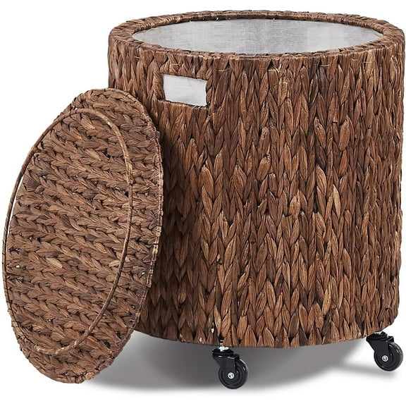 Casa Pura Furniture Vintage Storage Basket, Multipurpose Rolling Hamper With Brakable Wheels and Lid, Braid Laundry Bin, Handwave Clothes Toy Organizer Tote for Living Room