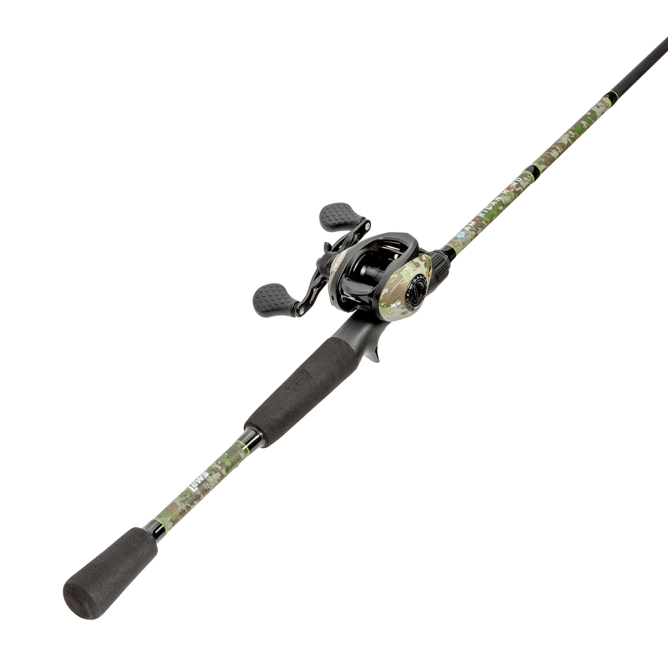Lew's American Hero Camo Baitcast Reel and Fishing Rod Combo, 7-Foot Rod, Medium Power Fast Action, Left-Hand Retrieve, Camo/Black