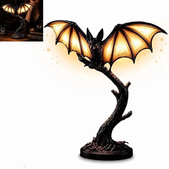 Halloween Glowing Bat Desk Lamp Gothic Night Light With Sculpted Tree Base，Bat Lamp，Premium Resin，Battery‑Powered，Perfect Halloween Decor Gift