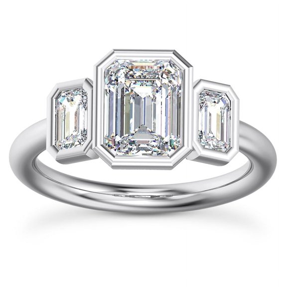 Oryn Jewel 2 Ct Emerald Cut Lab Created Diamond Ring - 14K White Gold Over 3 Stone Bezel Set Engagement Ring for Women - Diamond Eternity Rings for Women's - Classic Wedding Diamond Rings