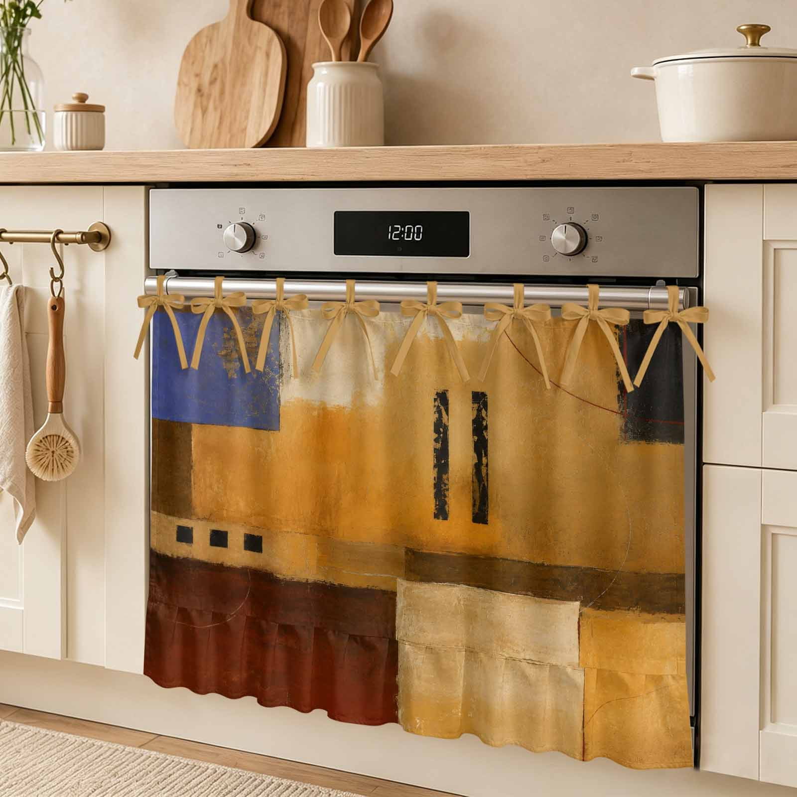 Abstract Oil Painting Oven Skirt Curtain Yellow Red Beige Geometric Graffiti-art Tie Top Tier Curtains Stove Dishwasher Skirt Small Window Drapes for Kitchen Bathroom Cafe 27 x20