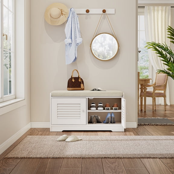 Miekor Furniture 28.74"Shoe Storage Bench with 2 Door Cabinet, Entryway Bench with White Shoe Storage, Shoe Bench with Cushion, Adjustable Shelves, Shoe Rack Bench for Entryway, Hallway 09324