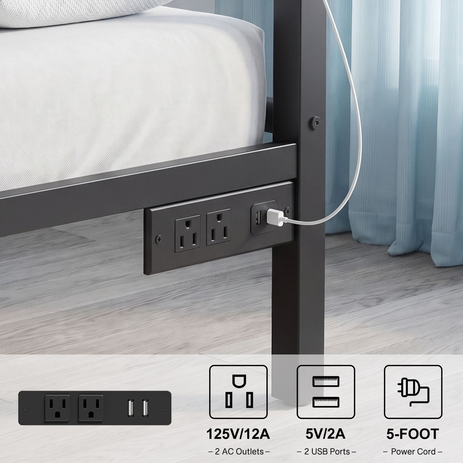 Twin Bed Frame with RGB LED Lights and Charging Station, Metal Platform Bed with Headboard and Footboard, 2 Outlets and 2 USB Ports, No Box Spring Needed, 500 lbs Capacity