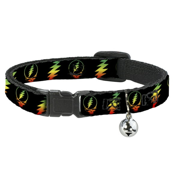 Grateful Dead Breakaway Cat Collar With Bell, Plastic Clip, Easy Adjustable, Steal Your Face Lightning Bolt Repeat Black Rasta, 8.5 to 12 Inches 0.5 Inch Wide