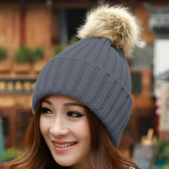 Herrnalise Women Winter Warm Knitted Cute Rabbit F-ur Ball Yarn Hat