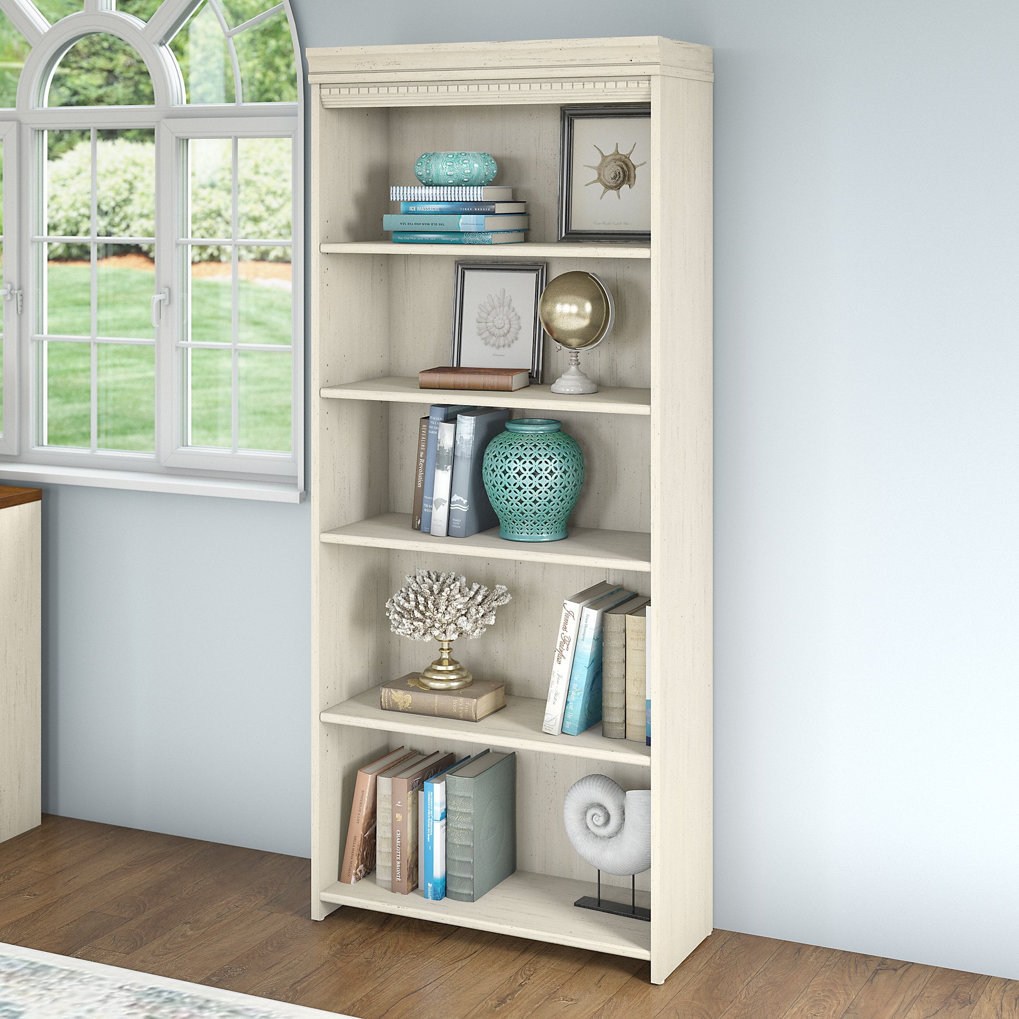 Bush Furniture Fairview 5 Shelf Bookcase In Antique White Com