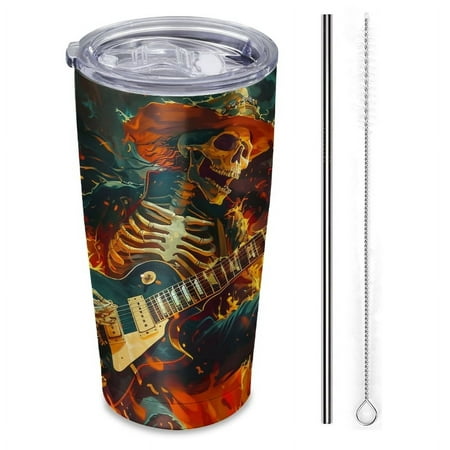 

skeleton in cowboy hat playing electric guitar-Insulated Car Cup 20 oz Stainless Steel Travel Tumbler with Reusable Straw & Brush Hot & Cold Drinks Coffee/Tea/Office/Outdoor Drinkware