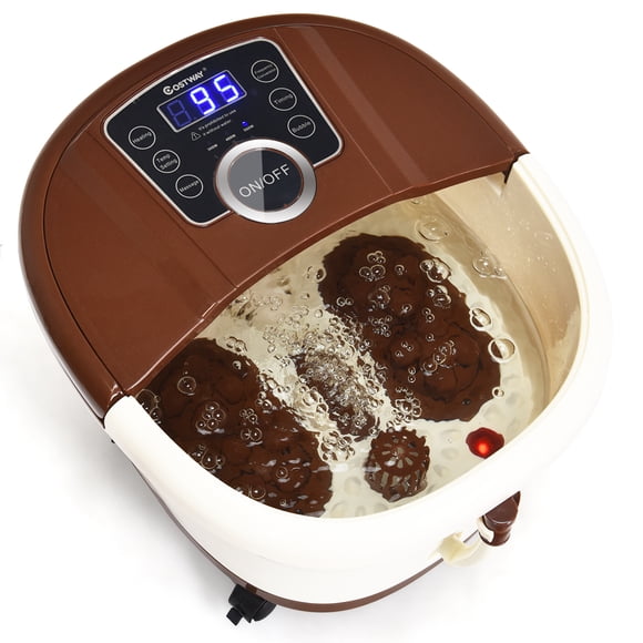 Costway Masajeador de Pies Máquina de Baño de Pies con Temperatura y Tiempo Ajustables Burbujas Puntos de Masaje Shiatsu Rodillos Motorizados Café