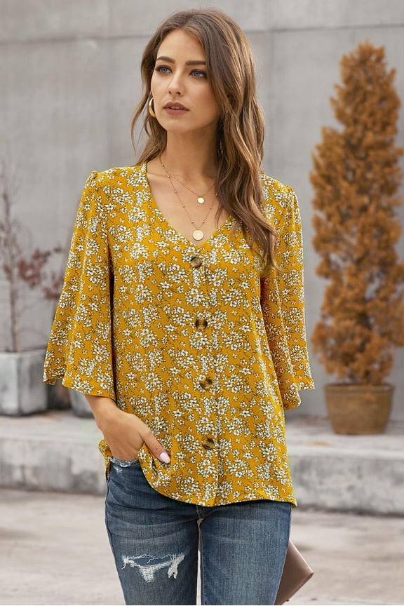 Sweet Osmanthus Print Button Up Blouse