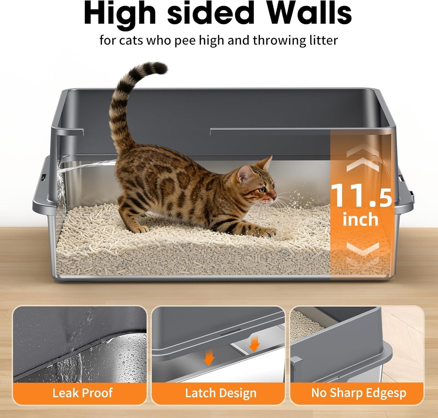 2PACK XXXL Stainless Steel  Litter Box with High Sides Lid, Large Litter Box for Big&Multiple Cats, Metal Kitty Litter Boxes with Footboard & Scoop, Anti-Leakage, Non-Sticky, 28.3x20.2x11.5inch