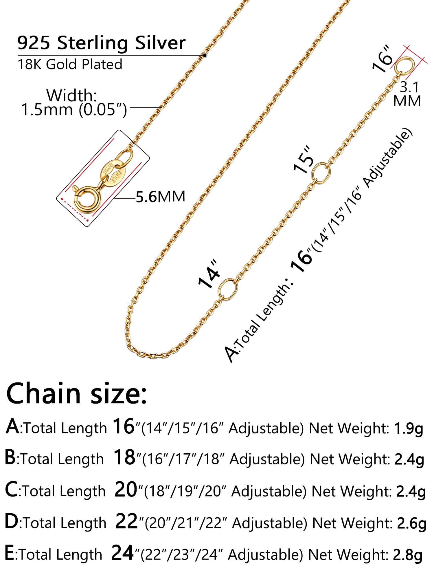 PROSTEEL Pure 925 Sterling Silver necklace Gold Plated Chain for Women 1.5mm Cable Chain Necklace Thin 24 Inch Birthday Mother Day Jewelry Collection Gift for Mom Wife Girlfriend Adult