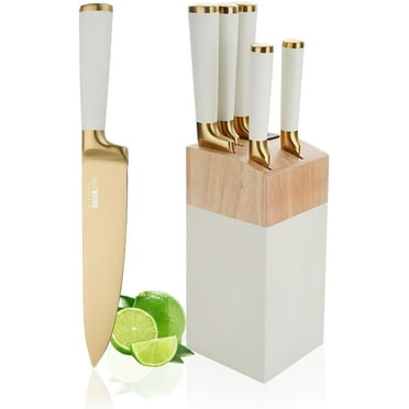 Kitchen Knife Set, 6-Pieces Golden Titanium Coated Knife Block Set with Wood Knife Block & Built-in Sharpener, Stainless Steel Sharp Chef Knife Set, Knives Set for Home Kitchen