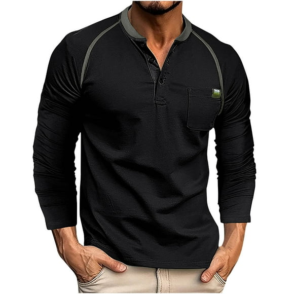 VALMASS Chandails Henley pour Hommes en Coton à Manches Raglan, Décontractés, Couleur Unie, Col Ras du Cou, Hauts Doux Ajustés, T-Shirts à Boutons (TG, Noir)
