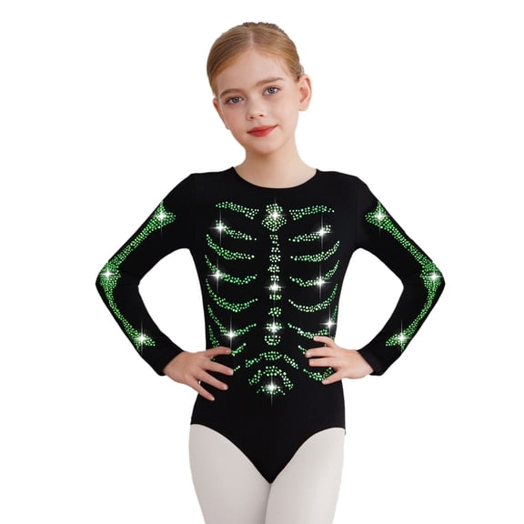 Aislor Gymnastics Leotard for Girls Rhinestone Jumpsuit Long Sleeve Athletic Dance Bodysuit Green 8