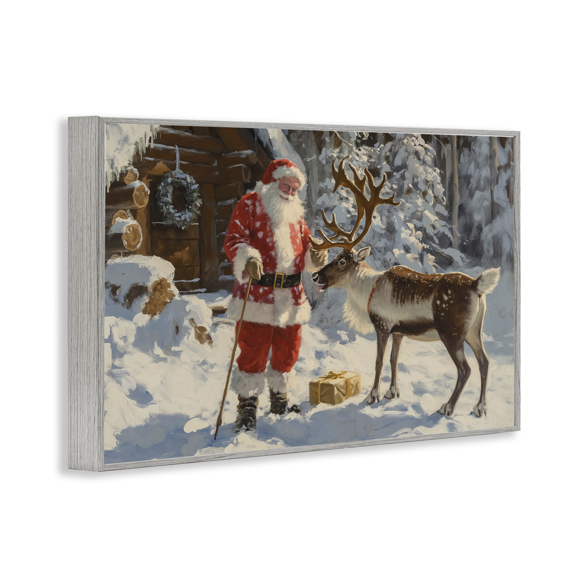Stupell Industries Santa with Reindeer Scene Holiday Painting Gray Framed Art Prints Wall Art, 24 x 16