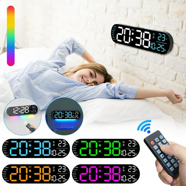 Jiaeri 13.7 Inch Digital Wall Clock with RGB Night Light,Large LED Alarm Clock with Temperature Date,Auto Dimmable Brightness and Remote Control for Bedroom Living Room Office