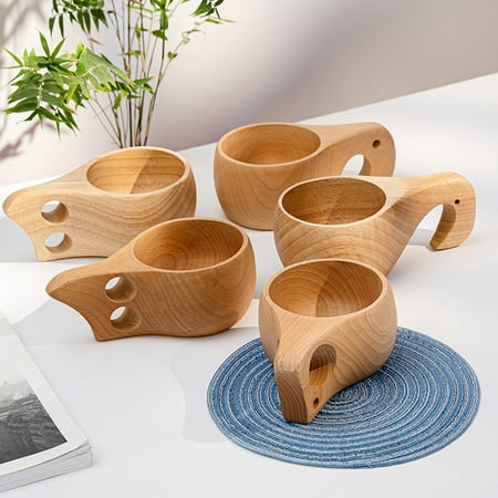 

LEPAI 160ml Tea Cup Delicate Texture Smooth Surface Solid Pattern with Handle Hole Design Drinking Kitchen Supplies Japanese-Style Wood Coffee Mug for Camping