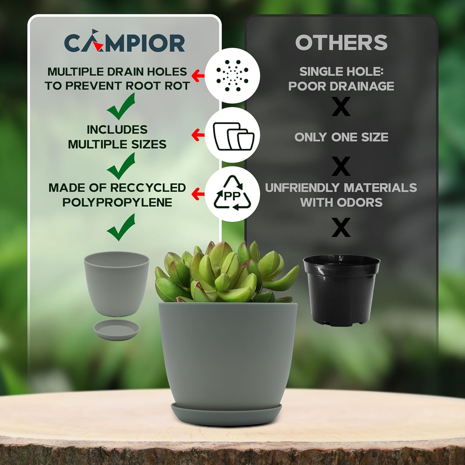 Campior Plastic Plant Pots with Drainage, Stackable Design for Indoor/Outdoor Use, Pack of 5, Gray