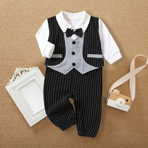Mwjwdo Toddler Baby Girl Boy Jumpsuit British Style Gentleman's Button Down Lapel Suit Shirt Romper Bodysuit Infant Clothes