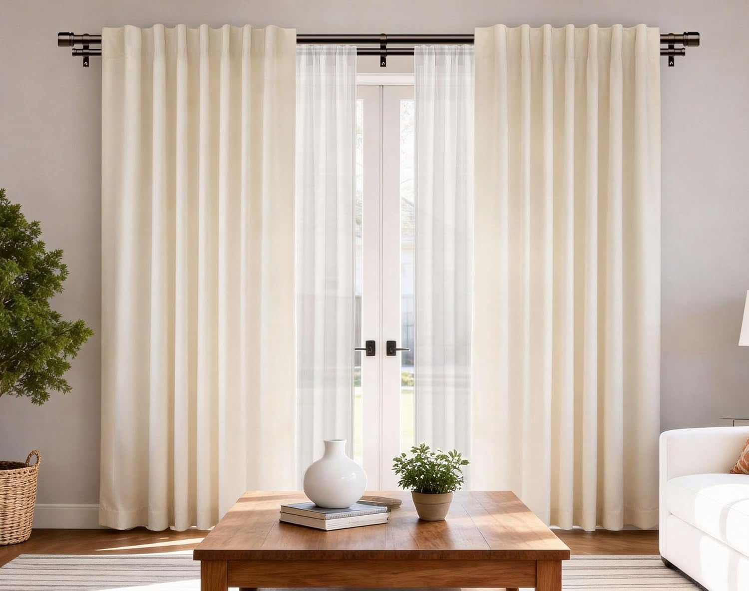 Double Curtain Rod 66 to 120 Inch,  1 Inch Heavy Duty Double Curtain Rods for Windows 54 to 116 Inches(4.5-9.6 ft), Telescoping Drapery Rod with Simple End Finials, Bronze