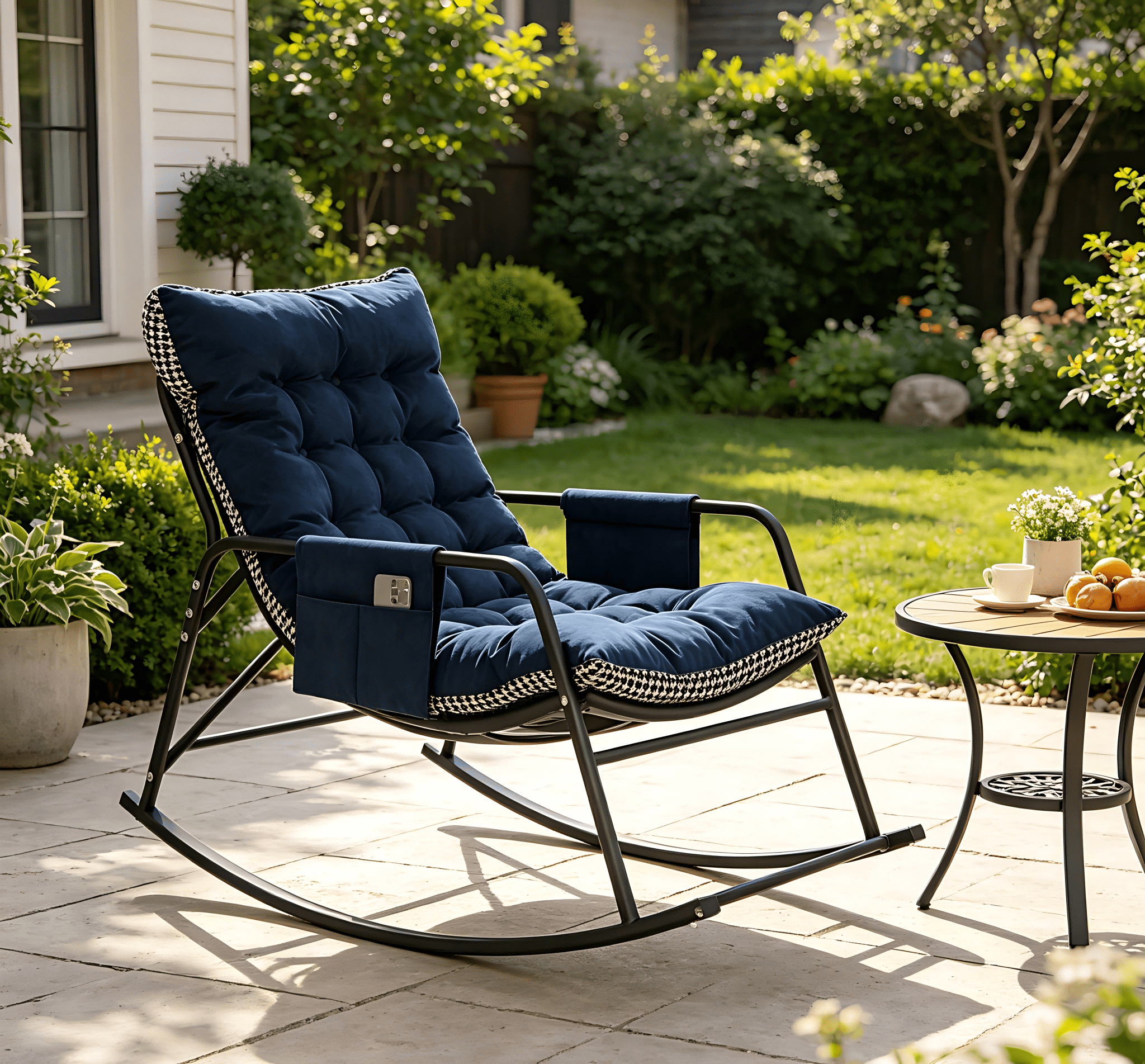 Firmoz Navy Oversized Papasan Rocking Chair, Cushioned Ergonomic with Storage Armrest, All-Weather Breathable for Patio, Living Room, Bedroom