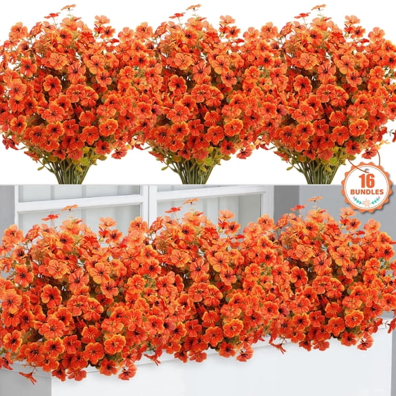 Scidweet Fall Artificial Flowers Outdoors, 16 Bundles Autumn Fake Faux Silk Flowers Fall Decorations for Home Patio Porch Garden Yard Outside Decor, Orange