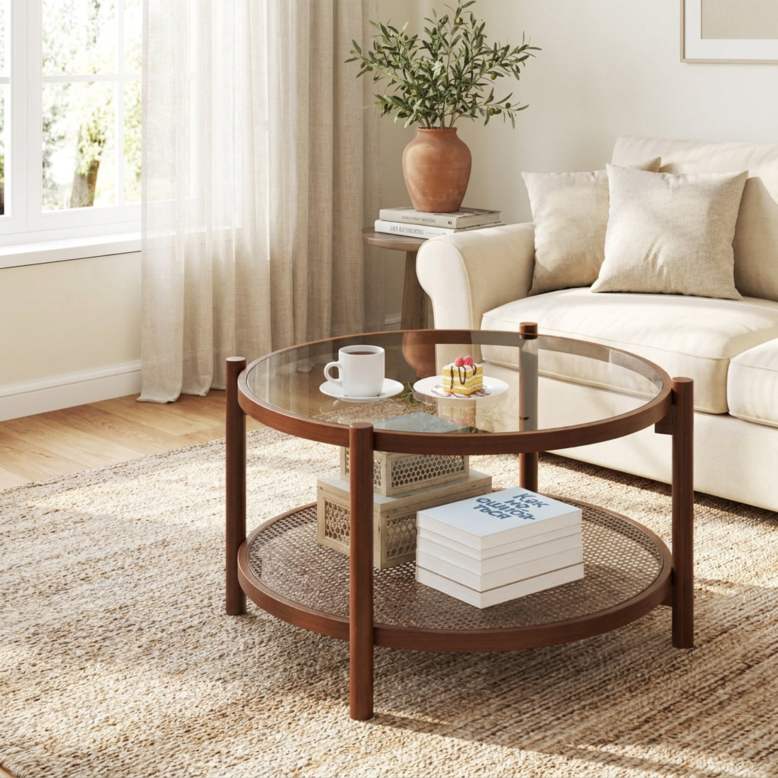 Furnibear 31 Inch 2 Tier Round Coffee Table with Tempered Glass Top and Hand Woven Rattan Shelf a Solid Wood Living Room Center Table, Cherry