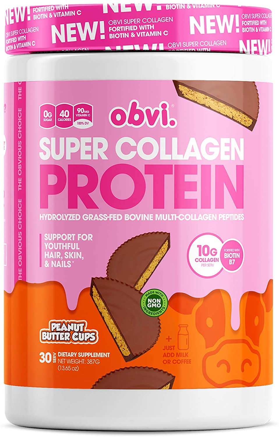 Obvi Collagen Peptides, Protein Powder, Keto, Gluten and Dairy Free, Hydrolyzed Grass-Fed Bovine Collagen Peptides, Supports Gut Health, Healthy Hair, Skin, Nails (Peanut Butter Cups, 14 Oz)