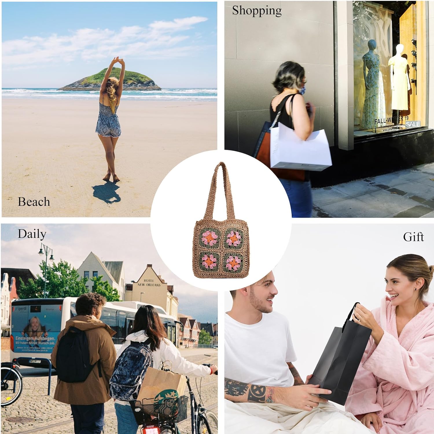 Kukuzhu Crochet Beach Bag, Summer Cute Straw Tote Bags Woven Beach Bag Knit Bags for Women Crochet Purse