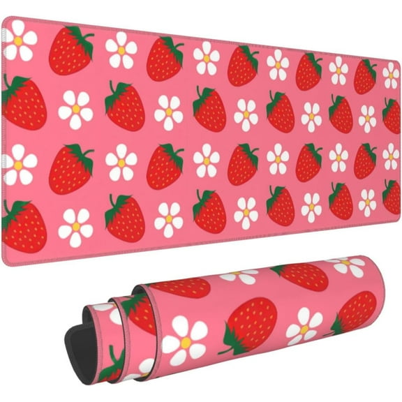 Pink Strawberry Mouse Pad Large Desk Mat XL Extended Non-Slip 31.5 X 11.8 in Keyboard Pads Base Mousepad Stitched Edge for Home Gaming Office Work
