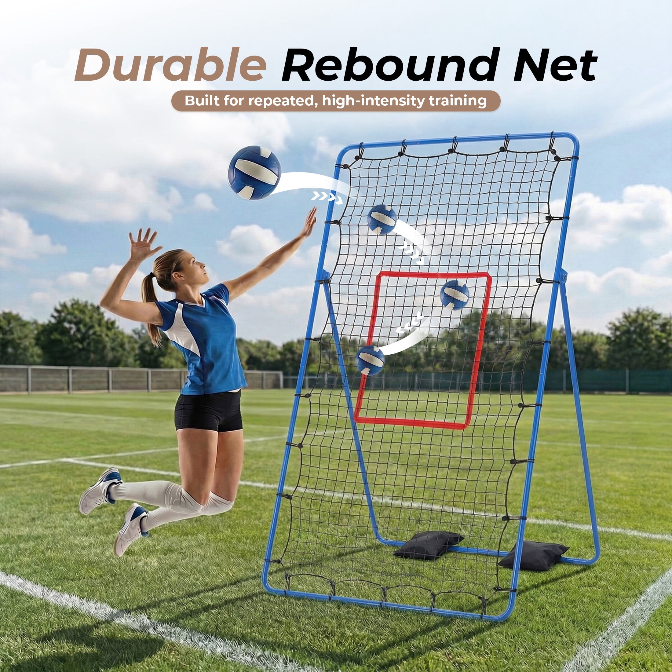 EDX Volleyball Rebounder Net with Travel Bag, Adjustable Angle Training Equipment for Solo Practice & Team Drills, Blue
