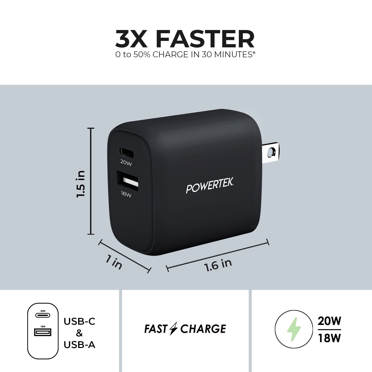 Liquipel Powertek Premium Braided 20W A/C Combo Charger - Black