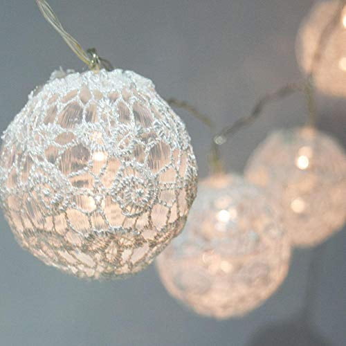 MoonBright 10 LED White Round Lace Fabric Ball String Light, 5.5 FT, Battery Operated by PaperLanternStore